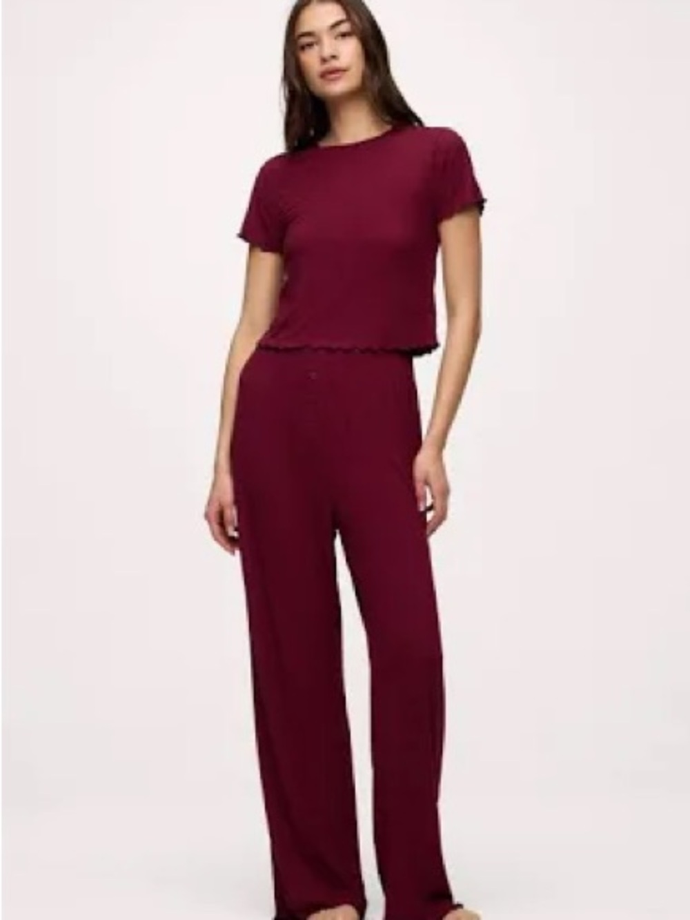 nuuds Maroon Top & Wide-Leg Slinky Rib Pajama Lounge Set Size M